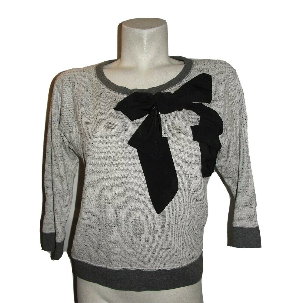 Gap Womens XS Gray Marled Knit Sweatshirt Black Bow Applique 3/4 Raglan Sleeve